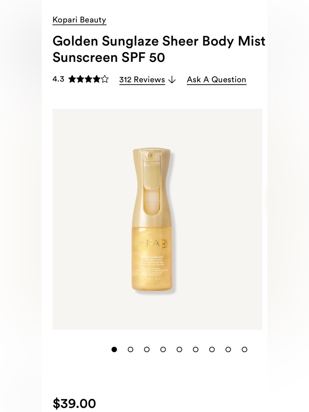 Kopari Golden Sunglaze Sheer Body Mist Sunscreen SPF 50 - Gold